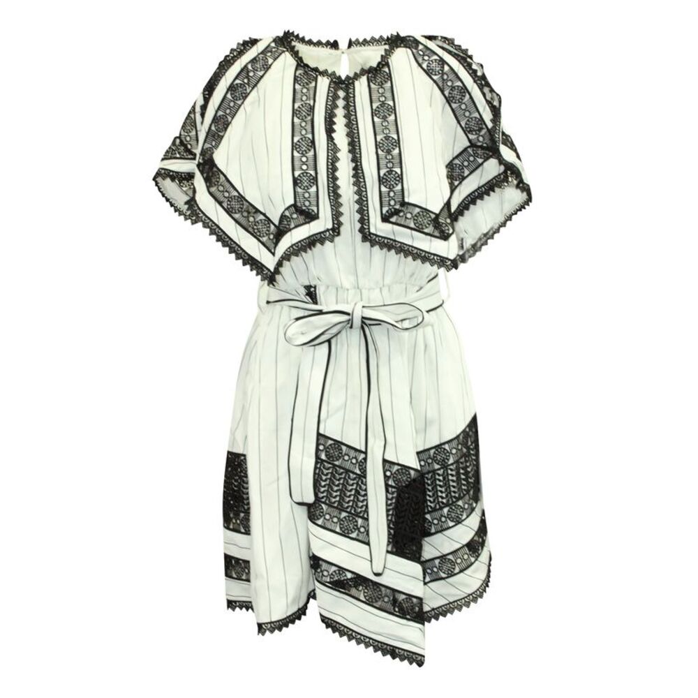Self-Portrait Monochrome Striped Handkerchief Dress with Lace in White Polyester